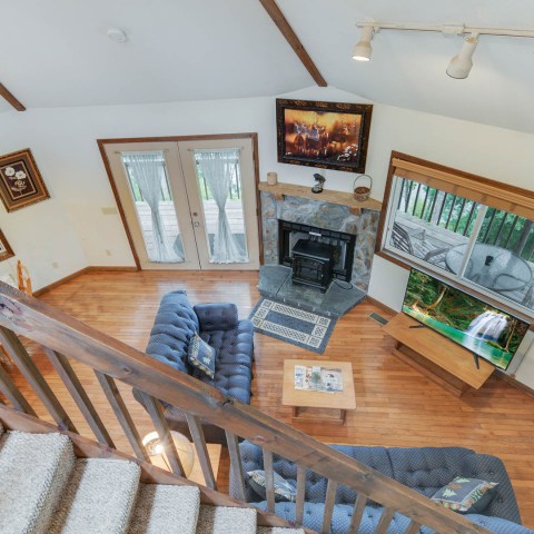 a living room with a wooden table