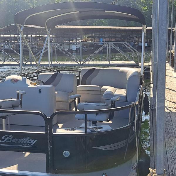 Pontoon boat docked at a lakeside marina on a sunny day.